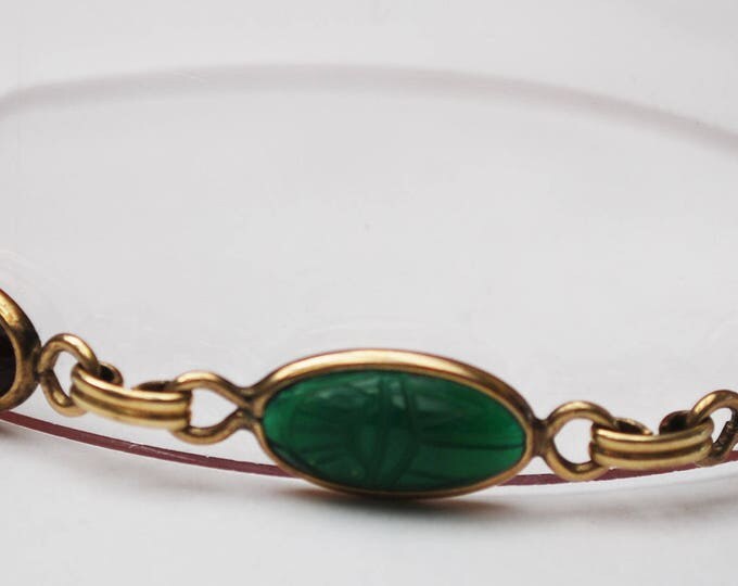 Gemstone Link Scarab Bracelet -12 kt gold Filled - signed Sojar - Egyptian Revival - Beetle - tiger eye -agate -onyx -Jasper