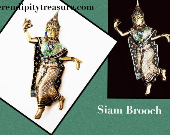 Sterling Thailand Dancer Brooch- Gold Wash- black blue green Enameling - gold plated - Siam figurine dancing pin