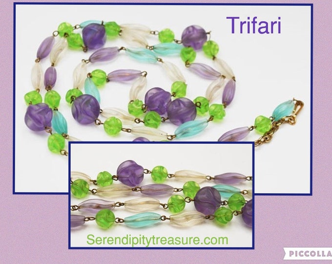 Trifari Lucite Bead Necklace- purple pink blue and frosty white - clear beads necklace - 48 inch long