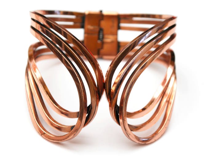 Renoir Copper Bangle - Hinged Bracelet - wide wire - Scroll Rhythm- bangle cuff - Mid century Mod