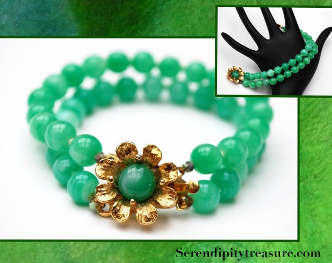 Green Peking glass Flower bracelet - Signed Japan,gold floral, knotted bead bangle -gift for her