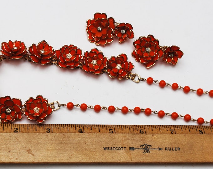 Orange Flower necklace earring set -Plastic floral - clear rhinestone - gold trim