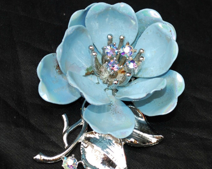 Coro Blue Flower Brooch - AB Rhinestone - light Powder blue - enamel on metal floral pin