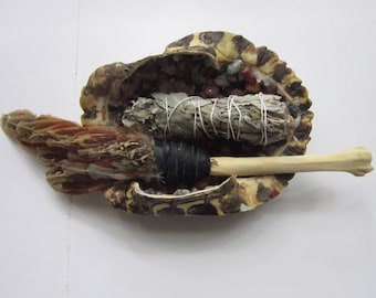 Smudge Kit Red Slider Turtle Shell Encrusted in Gemstones w/ Pheasant & Coyote Bone Feather Fan Smudging Tribal