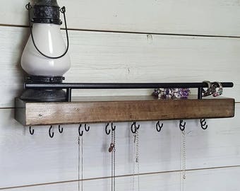 Floating Shelf Necklace Holder || Wood Modern Jewelry Rack, Jewelry Display, Necklace Organizer, Gift for Her, Rustic Jewelry Holder