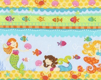 HALF YARD REMNANT - Diving Divas stripe fabric Mermaids fish crabs sea shells ocean - Timeless Treasures