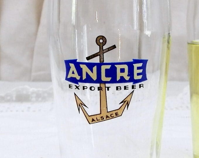 2 Vintage French Beer Glasses "Ancre Export Beer" From Alsace in Eastern France, Pair of 0.25 cl Glasses with Gold Rim and Anchor Motif