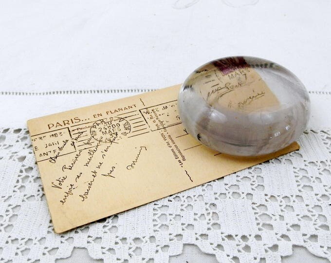 Antique Round Flat Clear Glass Paperweight from France, Magnifying French Glass Weight, Shabby Chateau Cottage Chic, French Country Decor