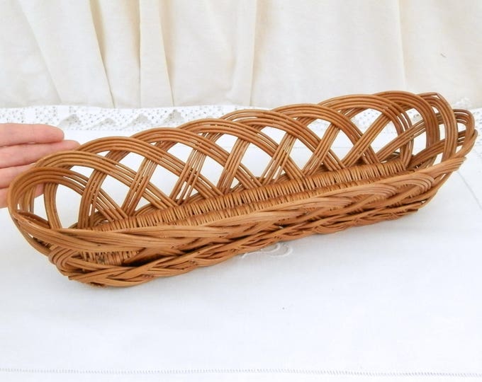 Vintage Mid Century Woven Wicker Baguette Bread Basket, Table Basket, French Farmhouse Country Decor, Retro 1960s Rustic Cottage Home