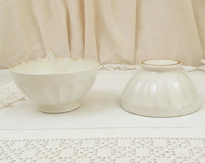 2 Antique Large White Coffee Bowls with Scalloped Sides from France, French Farmhouse Ceramic Café au Lait Bowls, Country Latte Bowl 2 Antique Large White Coffee Bowls with Scalloped Sides from France, French Farmhouse Ceramic Café au Lait Bowls, Country Latte Bowl