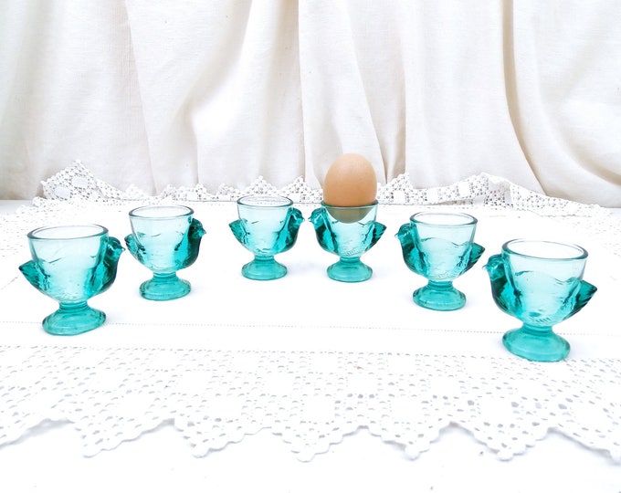 Pair Vintage Matching Green Glass French Verrie D'Arques Chicken Egg Cups, Retro Breakfast Accessory from France, Brocante Decor