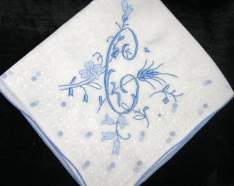 Monogrammed Handkerchief Wedding, Initial A, M, B, H, P or C Hankerchief, Letter Blue, Monogram Something Old Wedding