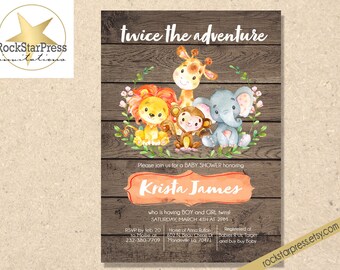 Twins Baby Shower Invitation, Giraffe, Jungle, Zoo, Safari, Watercolor, Cute, Unique, Wood, Neutral, Elephant, Monkey, Printable _1310