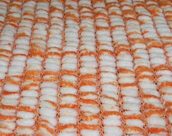 Afghan blanket for baby or other PomPoms - white and Tangerine - 100% polyester - handmade