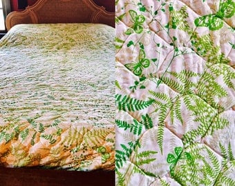 HTF Vintage VERA NEUMANN Green Butterflies Ferns Quilted Bedspread. mid century modern bedspread. botanical print. Retro modern home decor