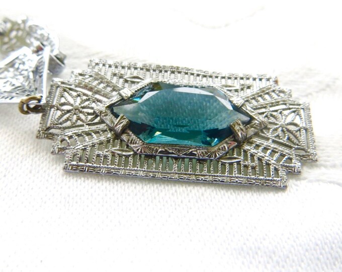 Antique Art Deco Filigree Necklace, Aquamarine Stone, Vintage Wedding Necklace, Something Blue