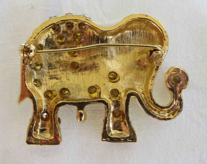 Vintage Elephant Brooch, Mughal Elephant Pin, Jeweled Enamel Elephant, Tusk Up, Elephant Jewelry