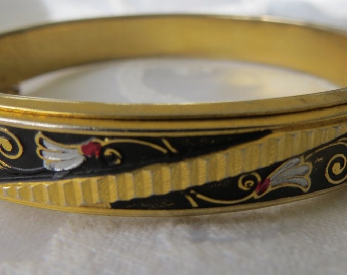 Damascene Bangle Bracelet, Hinged Bangle, Black Gold Red , 1970s Asian Inspired, Vintage Jewelry