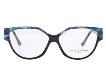 Jean Louis Scherrer vintage oversized cateye eyeglasses, bicolour black with reflective blue/green camo details on brows and temples.