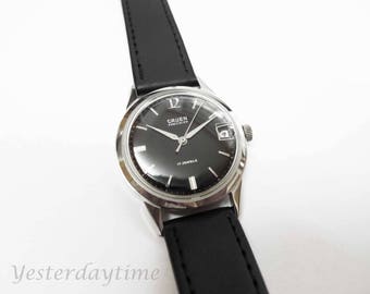 Gruen Precision 510CA Men's Black Dial With Date Window Watch 1960's Swiss Made 17 Jewel Manual Movement