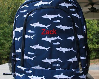 Boys Monogrammed Shark Backpack Boys Navy BookBag