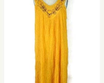 ON SALE Vintage Yellow Ethnic Sleeveless Cotton Sun dress from 80's*