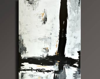 54" Large ORIGINAL ABSTRACT Painting Black White Gray Gold Painting Canvas Art Contemporary Modern Painting Wall Art - Unstretched- AB46i3