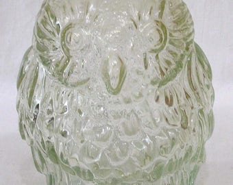 Vintage Wise Old Owl Figural Glass Bank Clear Glass