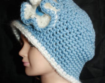 Blue Hat, crochet, very warm, big flower