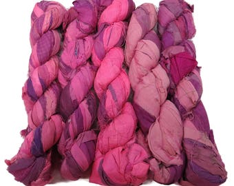New! Recycled Sari Silk Ribbon, 100g skeins , Bubblegum