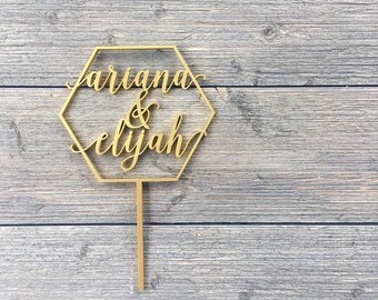 Personalized Hexagon 2 Names Wedding Cake Topper 5"W inches, Name Cake Topper, Wooden Cake Topper, Unique Cake Topper, Custom Cake Topper