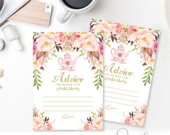 Advice for the Bride to be Tea Party Bridal Shower cards, Words of wisdom cards, Gold text Watercolor flowers Peach Boho, DIGITAL FILES WS19