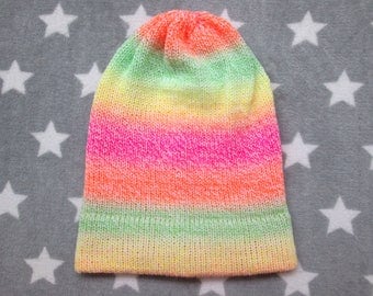 Knit Hat - Neon Pastel Gradient - Yellow Green Orange Pink White - Slouchy Beanie