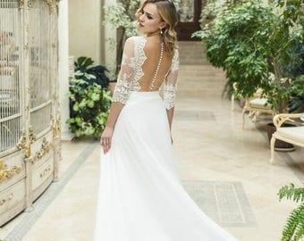 Summer Sales Ivory Chiffon Wedding Dress L19 with Lace, Lace A-line Wedding Dress with Train, Romantic Bridal Gown with Open Back, Bohemian