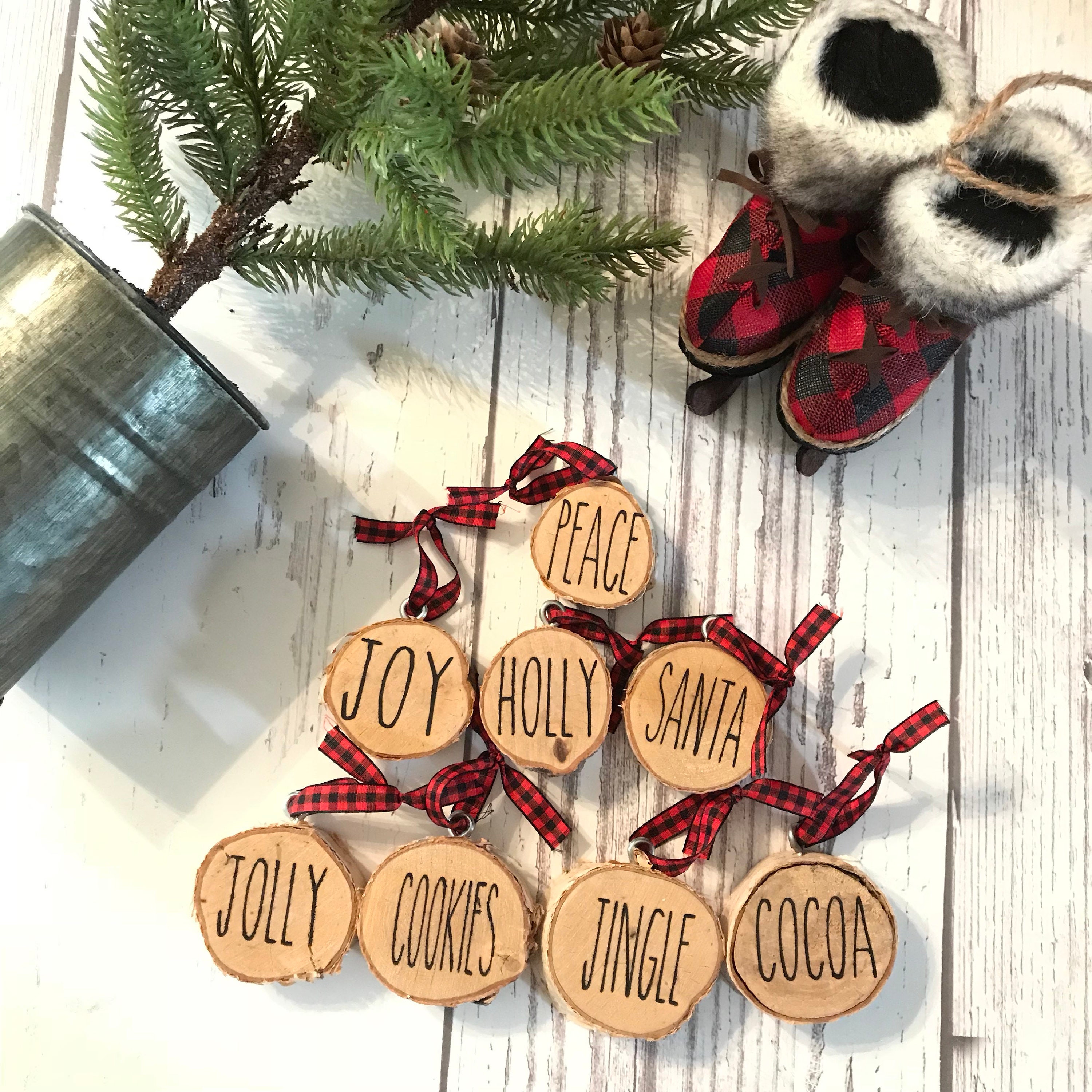 Rae dunn inspired christmas tree ornaments wood slice
