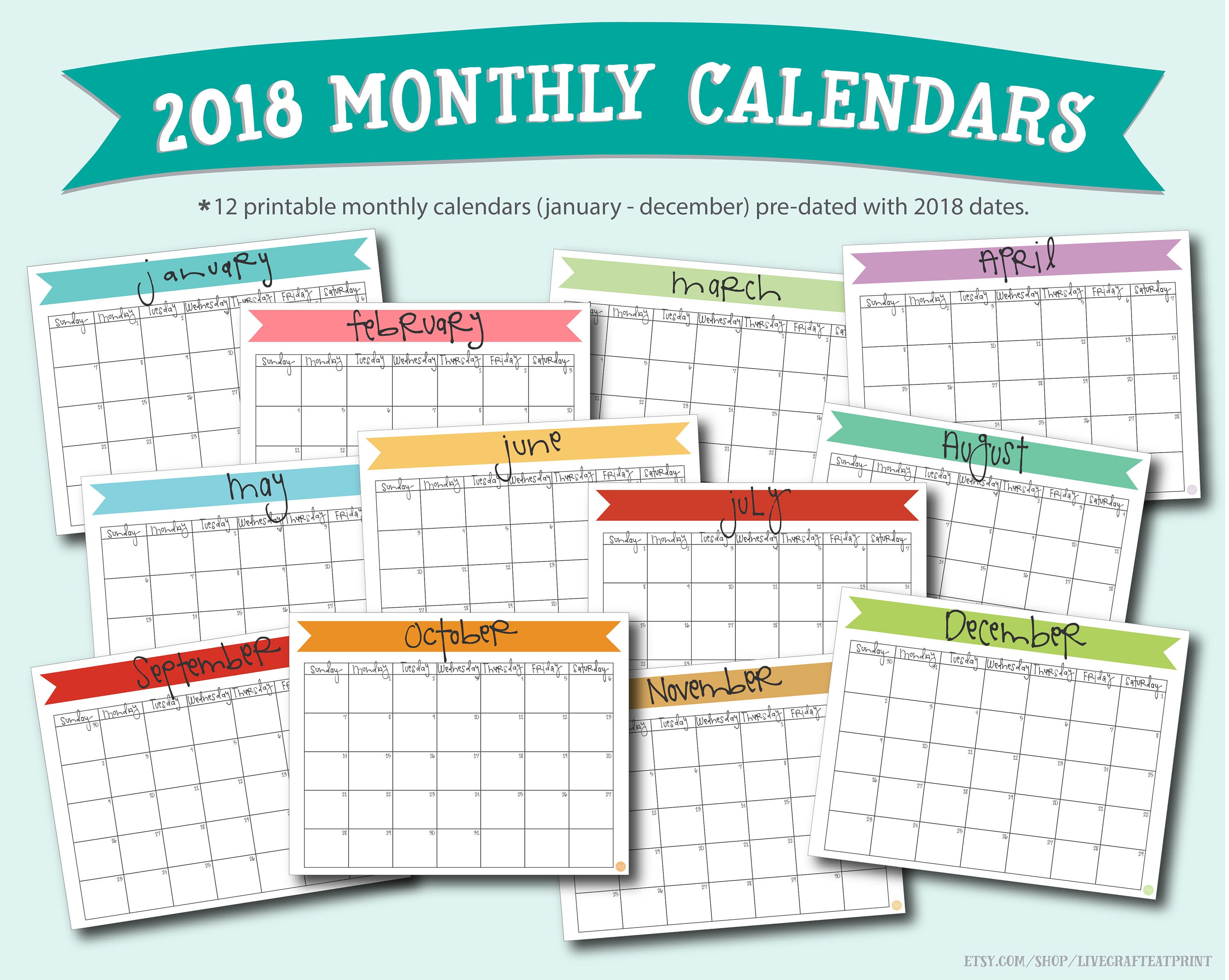 Printable 2018 Monthly Calendars