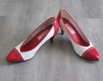 red and white spectator pumps