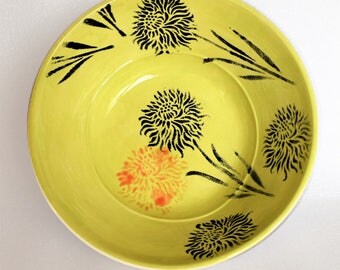 Green and White Fruit Bowl with Carnations / Handpainted Pottery Fruit Bowl / serving dish / salad bowl