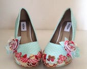 Cupcake shoes , platform shoes, cup cake shoes, bridal shoes, mint shoes, felt flowers, ladies shoes, wedding shoes, quirky heels, size 3-8