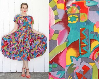 Vintage 80s Dress | 80s Art Inspired Print Dress Full Skirt | Small S Medium M