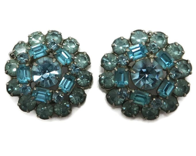 Weiss Teal Blue Earrings, Vintage Large Blue Rhinestone Clip-on Earrings Signed Designer Jewelry, Gift for Her
