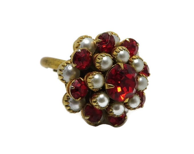 Red Rhinestone Cocktail Ring Vintage Faux Pearl Rhinestone Adjustable Costume Jewelry Ring