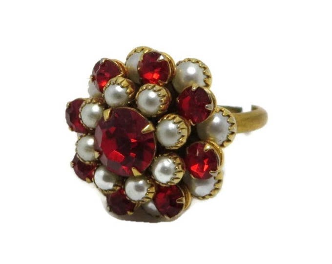Red Rhinestone Cocktail Ring Vintage Faux Pearl Rhinestone Adjustable Costume Jewelry Ring