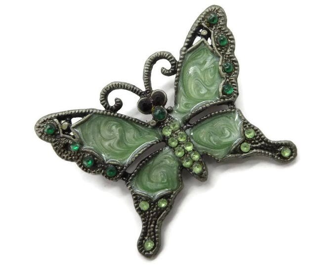 Green Butterfly Brooch, Vintage Green Swirl, Rhinestone, Silver Tone Butterfly Pin