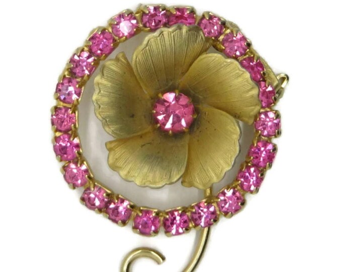 Pink Rhinestone Brooch, Vintage Gold Tone Floral Sparkly Circle Pin, Gift idea