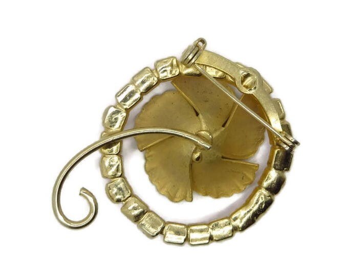 Pink Rhinestone Brooch, Vintage Gold Tone Floral Sparkly Circle Pin, Gift idea