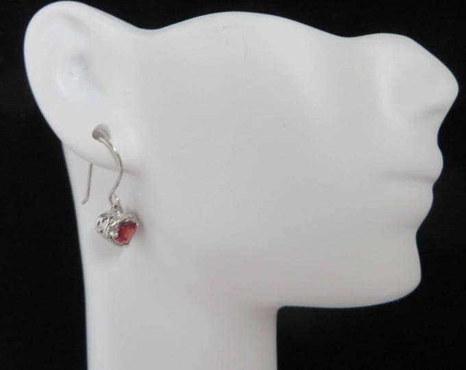 Vintage Garnet Heart Earrings, Sterling Silver Dangling Pierced Earrings, Bridal Jewelry, Valentine's Day Gift