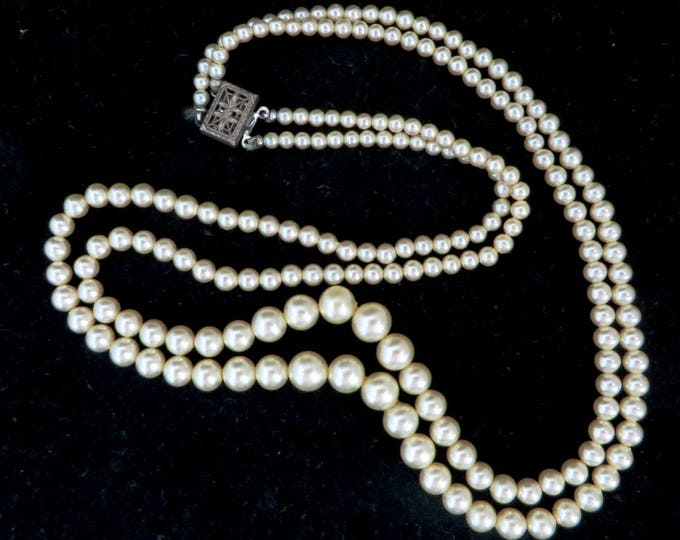 ON SALE! Faux Pearl Sterling Silver Necklace, Vintage Double Strand Classic Necklace, Bridal Jewelry