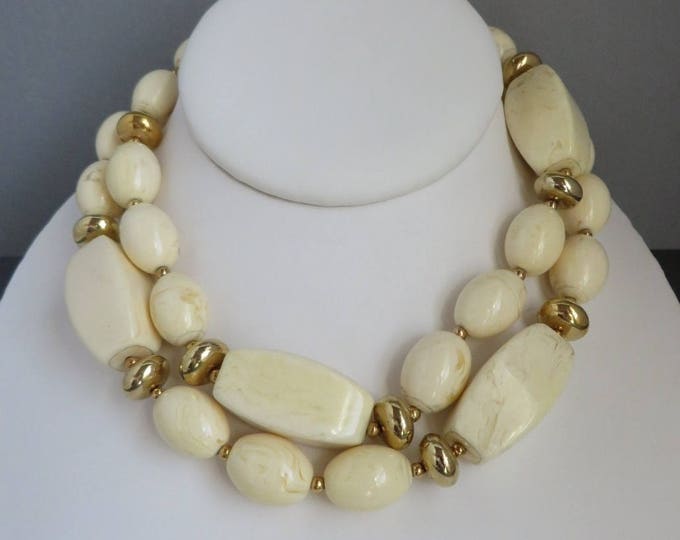Cream Lucite Necklace, Vintage Chunky Cream & Gold Tone Beaded Necklace, Gift for Her