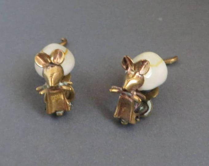 Vintage Mouse Earrings - West Germany Earrings, Natural Shell, Gold Tone Clip-on Earrings, Gift for Her